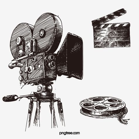 Drawings Of Cameras, Movie Camera Drawing, Camera Film Tattoo, Film Drawing, Movie Vector, Camera Sketch, Camera Movie, Movie Clipart, Camera Vector