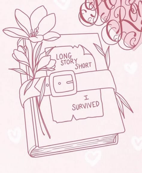 Sticker Book Tattoo Sleeve, Long Story Short I Survived Tattoo Taylor Swift, Long Story Short Tattoo, Bookish Drawings, I Survived Tattoo, Long Story Short I Survived Tattoo, Swiftie Tattoos, Bookish Doodles, Taylor Swift Drawing Ideas