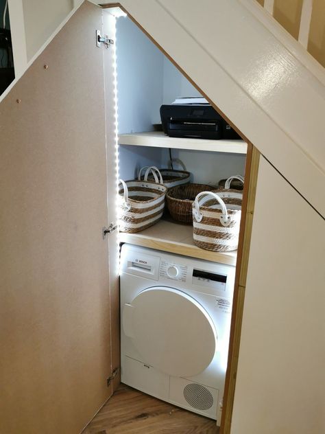 Understairs storage cupboard Cloakroom With Washing Machine, Understairs Washing Machine Storage, Washing Machine Cupboard Small Spaces, Under Stairs Storage Washing Machine, Understairs Tumble Dryer, Dryer Under Stairs, Understairs Utility Storage, Downstairs Toilet With Washing Machine, Washing Machine Under Stairs