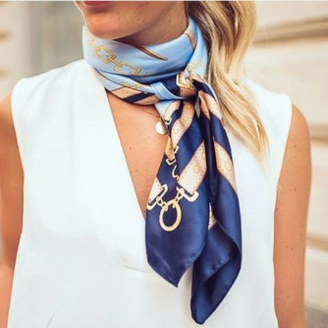 How to wear a silk scarf around your neck! Scarf Trends, Mode Tips, Silk Scarf Style, Paris Chic, How To Wear A Scarf, Scarf Outfit, Paris Mode, Fashion Blogger Style, Blue Scarf