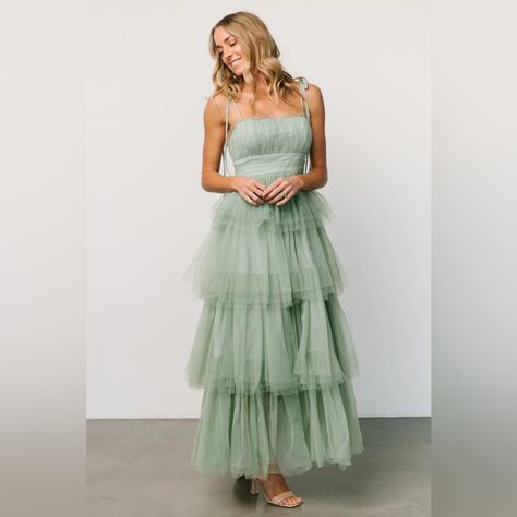 Green Layered Dress, Green Tulle Dress, Dusty Sage Green, Tulle Formal Dress, Ruffle Maxi Skirt, Tulle Material, Dusty Sage, Sage Green Color, Green Tulle