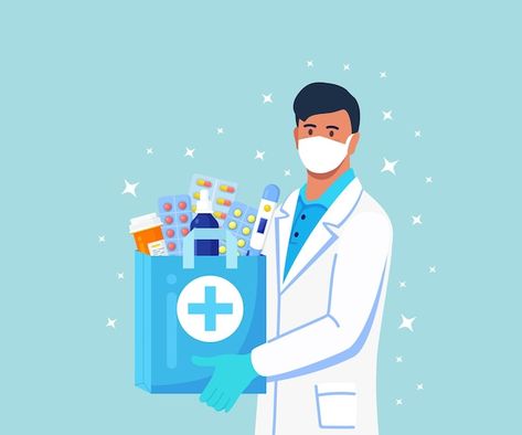 Pharmacist holds paper bag with medicine... | Premium Vector #Freepik #vector #drugstore #pharmacy-store #medical-shop #pharmacist Role Of Pharmacist, Doctor White Coat, Medical Business Card, Medical Business, Man Vector, Pill Bottles, Dark Phone Wallpapers, Cartoon Boy, White Coat