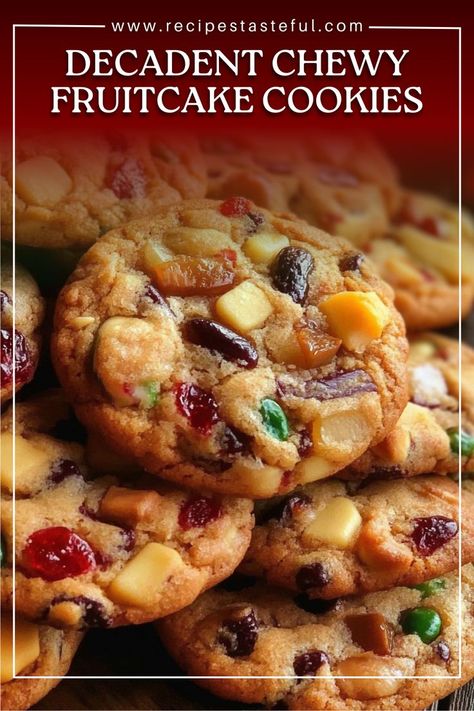 These Decadent Chewy Fruitcake Cookies are a festive twist on the classic fruitcake, combining chewy raisins, candied fruit, and spices with crunchy nuts. Perfect for holiday baking, they bring warmth and sweetness to any gathering. Fruit Cake Cookies Recipe, Fruitcake Cookies, Christmas Recipes For Kids, Easy Christmas Cake Recipe, Christmas Cookie Recipes Holiday, Raisin Recipes, Fruit Cake Cookies, Easy Gluten Free Desserts, Fruit Cake Christmas