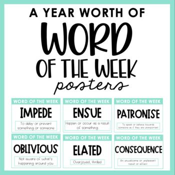 Want to improve your students vocabulary? Included are 38 Word of the Week posters, one for each week of the school year. Stick them up on the wall each week, or put them all onto a keyring and hook them onto your board to switch them easily each week. CHECK OUT OUR BUNDLE WHICH INCLUDES WORD, IDIOM AND ROOT OF THE WEEK POSTERS: https://www.teacherspayteachers.com/Product/BUNDLE-WORD-AND-IDIOM-OF-THE-WEEK-POSTERS-5954140  If you have any further questions or requests, please fill out the Q&A Word Of The Day Classroom Display, Word Of The Week Bulletin Board, Word Of The Week Ideas, Word Of The Week Display, Word Of The Week, Word Of The Day Elementary School, Word Wall For High School, Upper Elementary Word Wall, Middle School Humanities