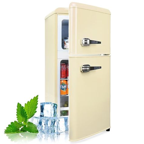 Jeremy Cass 3.5-cu ft Counter-depth Freestanding Mini Fridge Freezer Compartment (Cream White) ENERGY STAR in the Mini Fridges department at Lowes.com Mini Fridge With Freezer, Beverage Coolers, Under Counter Fridge, Mini Refrigerator, Frozen Dinners, Double Door Design, Shelf Clock, Mini Fridges, College Room