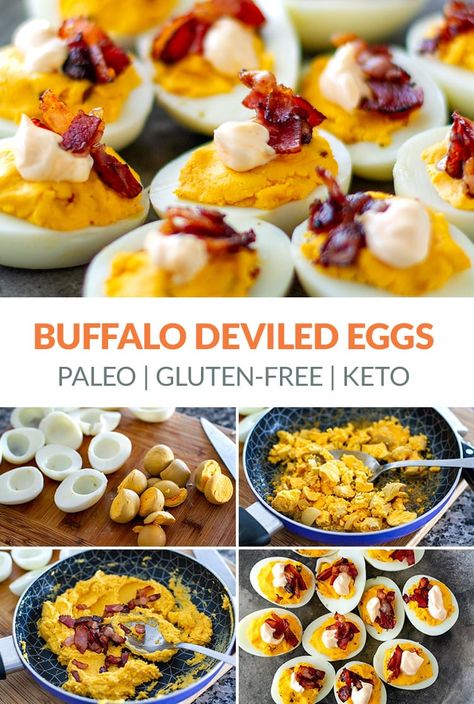 Buffalo Deviled Eggs With Crispy Bacon - perfect as an appetizer, finger food, for Easter, Thanksgiving, Christmas (Paleo, Gluten-free, Keto, Low-Carb) #eggs #easter #deviledeggs #buffalo #hotsauce #bacon Bacon Egg And Cheese Bites, Deviled Eggs Bacon, Food For Easter, Deviled Eggs With Bacon, Buffalo Deviled Eggs, Eggs With Bacon, Emily Bites, Bacon Deviled Eggs, Fusion Dishes