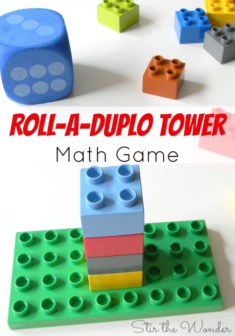 Roll a Duplo Tower Math Game is a fun way for toddlers and preschoolers to practice counting and fine motor skills in a playful way! Fdk Provocations, Lego Math, Toddler Math, Easy Math, Maths Ideas, Maths Games, Night Games, Math Activities For Kids, Lego Activities