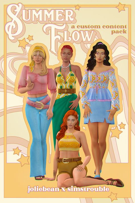 Summer Flow, a CC pack by Joliebean & Simstrouble | Joliebean on Patreon Sims 4 1960s Cc, Sims 4 60s Cc, Sims 4 70s Cc, Oc Stuff, Free Sims, Packing Clothes, Sims Building, Sims 4 Cc Packs, Best Sims