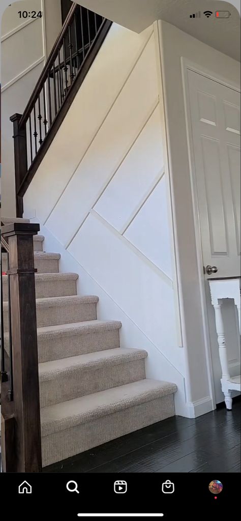 Unique Stairwell Ideas, Triangle Stair Wall Decor, 2 Story Staircase Accent Wall, Stairway Feature Wall, Accent Wall For Stairway, Stairway Upgrade, Shiplap Stairs, Tall Staircase Wall Ideas, Accent Wall Staircase