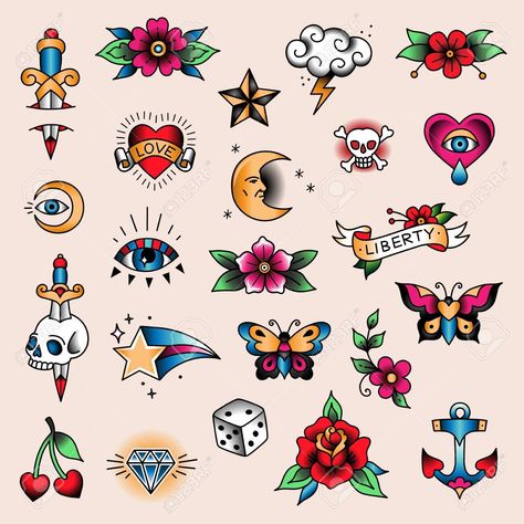 Small Colour Tattoo Designs, Small Colour Tattoo, Colour Tattoo Designs, Heart Arrow Tattoo, Small Traditional Tattoo, Colored Tattoo Design, Set Tattoo, Traditional Tattoo Old School, Colour Tattoo