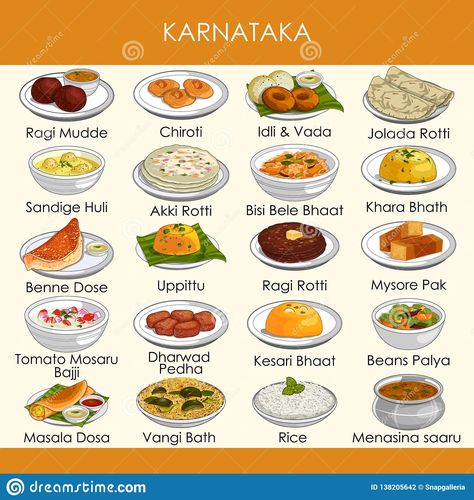 Illustration Of Delicious Traditional Food Of Karnataka India Stock Vector - Illustration of chiroti, dish: 138205642 Indian Food Of Different States, State Foods India, Indian Food Sketch, Culture Of Karnataka, Food From Different Cultures, South Indian Food Illustration, India Food Traditional, Indian Food Chart, Indian Food Vegetarian