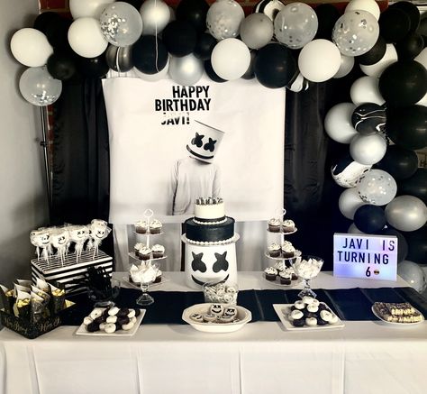 Marshmello party Marshmellow Theme Birthday Party, Marshmallow Theme Party, Marshmallow Party Ideas, Dj Marshmello Bedroom Ideas, Marshmello Birthday Cakes, Marshmello Party Decoration, Dj Marshmallow Party Ideas, Dj Marshmellow Party Theme, Marshmello Theme Birthday