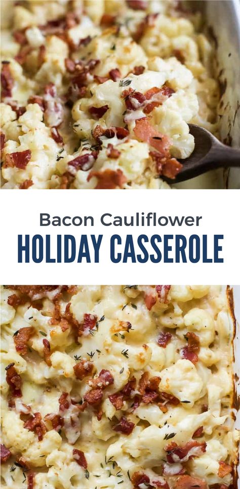 I am hoping you will love this easy Thanksgiving and Christmas casserole dish - BACON CAULIFLOWER AU GRATIN, a creamy white cheddar cheese sauce tossed with cauliflower, fresh thyme and topped with bacon. A must have side dish for this holiday season that takes comfort food to a new level! We have even substituted this recipe for the mashed potatoes, it's way more flavorful. Cauliflower Au Gratin, Holiday Casseroles, Christmas Casserole, Side Dishes For Ham, Burger Side Dishes, Bacon Cauliflower, Cheddar Cheese Sauce, White Cheddar Cheese, Dinner Side Dishes