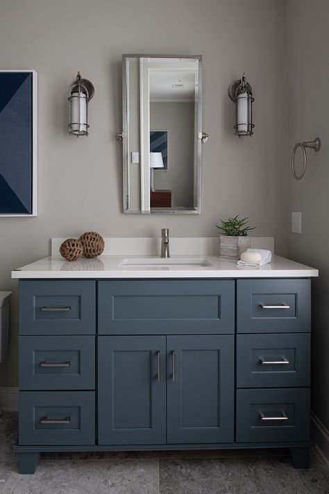 Traditional Bathroom with Blue Vanity | @studiomkitchenandbath White Traditional Bathrooms, Supreme Furniture, Laundry Room Countertop, Beach Style Bathroom, Cambria Countertops, Blue Bathroom Vanity, Kitchen And Bath Showroom, Bathroom Vanity Designs, Blue Vanity