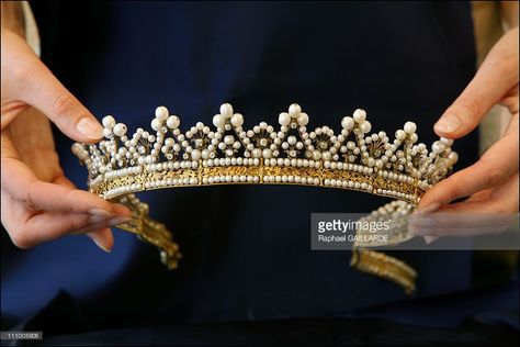 Italian Queen Marie-Jose sells her jewels in Christie's, London in Paris, France in May, 2007 - Italian Queen Marie-Jose's diamond, yellow gold and natural pearls' first tiara, estimated between 14 600 to 17 500 Euros - This tiara and 41 pieces of jewellery, will be sold by French Stephanie de Beauharnais, the first wife of Napoleon 1st, during London Christies' auctions. (Photo by Raphael GAILLARDE/Gamma-Rapho via Getty Images) Romanov Jewels, Empress Josephine, Royal Crown Jewels, Magnificent Jewels, Tiaras Jewellery, Royal Crowns, Pearl Tiara, Beautiful Tiaras, Headpiece Jewelry