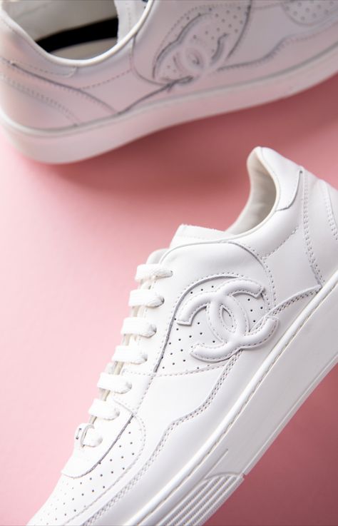 Chanel White CC Sneakers Chanel White, White Outfit, Personal Shopper, Chanel, Moon, Sneakers, White