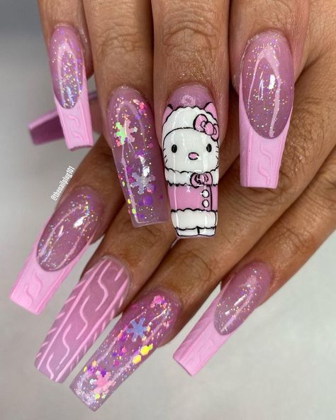 Christmas Nail Designs Acrylic, Nails Hello Kitty, Hello Kitty Nails Art, Kitty Nails, Christmas Nail Stickers, Kitty Christmas, Winter Nails Acrylic, Hello Kitty Nails, Nail Art Designs Diy