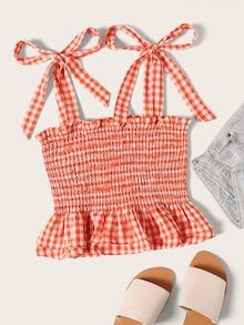 Tie Strap Frilled Gingham Shirred Top | SHEIN Shirred Top, Women Tank Tops, Crop Top Outfits, Boho Patterns, Cute Comfy Outfits, Diy Couture, Girls Fashion Clothes, Teen Fashion Outfits, Sewing Clothes