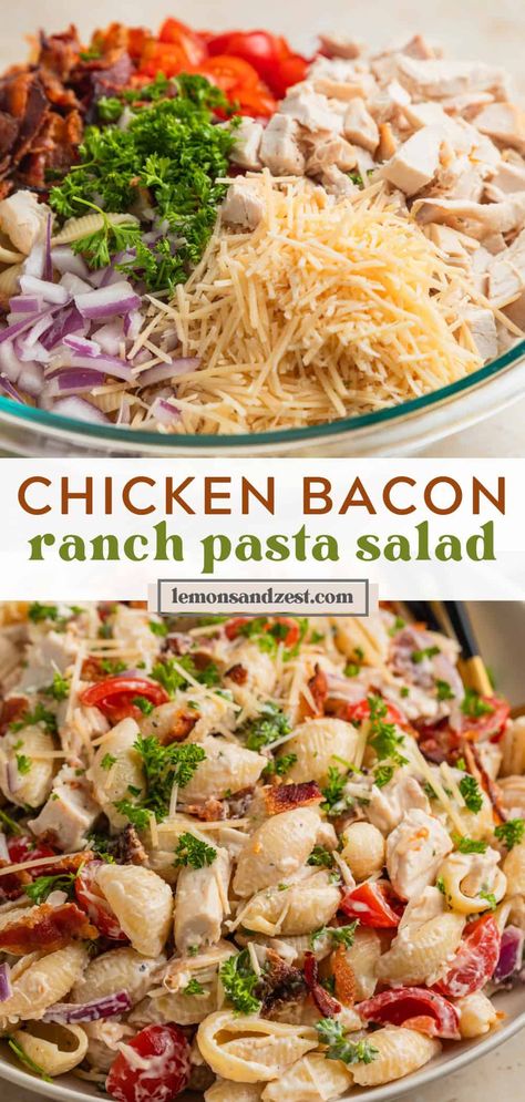 This simple and delicious Chicken Bacon Ranch Pasta Salad recipe is a creamy, flavorful pasta dish you will love. Crispy bacon, juicy chicken, parmesan, tomatoes and more tossed in an easy to whip up Ranch dressing. A great side dish or make it a meal! Easy Pasta Lunch Ideas For Work, Ranch Meal Recipes, Healthy Blt Pasta Salad, Different Pasta Salad Recipes, Creamy Ranch Pasta Salad, Chicken Cobb Pasta Salad, Canned Chicken Pasta Salad, Unique Pasta Salad Recipes, Shredded Chicken Pasta Salad