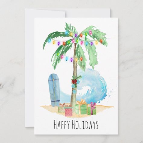 Palm Tree Christmas Cards, Beach Holiday Card, Tropical Christmas Cards, Beach Christmas Card, Christmas Palm Tree, Tropical Island Beach, Mermaid Christmas, Beach Cards, Beach Santa