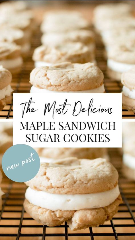 These super delicious and easy to make Maple Sugar Cookie Sandwiches are a family favorite! #cookierecipe #sugarcookie #cookierecipe #easycookierecipe Oatmeal Sandwich Cookies With Maple Buttercream, Wedding Cake Cookie Sandwiches, Fall Cookie Sandwiches, Maple Cream Sandwich Cookies, Bismarks Recipe, Maple Street Biscuit Company Copycat, Maple Sandwich Cookies, Sugar Cookie Sandwich Cookies, Cookie Sandwich Frosting