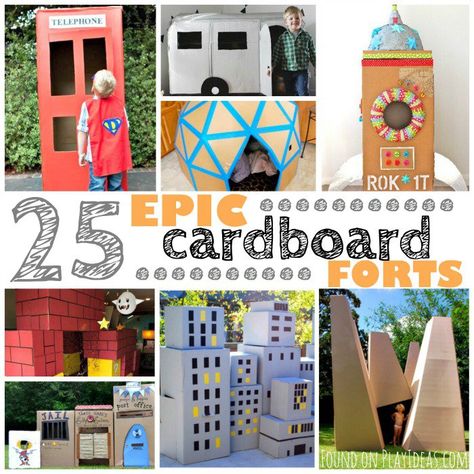 These cardboard forts will give your kids hours of fun and years of memories. Forts are where kids plot to take over the world. Where they dream. Where they pretend, imagine, play, and create. And these 25 epic cardboard forts are so amazing your kids won't want to leave them...but don't worry, they'll always promise to be home for dinner. Have fun! 25 Epic Cardboard Forts This fort city is perfect for any kid superheroes (or super villains) in your life. Via Pizzazzerie   Busy little baby hands Cardboard Box Fort Ideas, Cardboard Clubhouse, Forts For Kids, Cardboard Crafts For Kids, Cardboard Castles, Cardboard Fort, Cardboard Box Fort, Cardboard Challenge, Sofa Fort