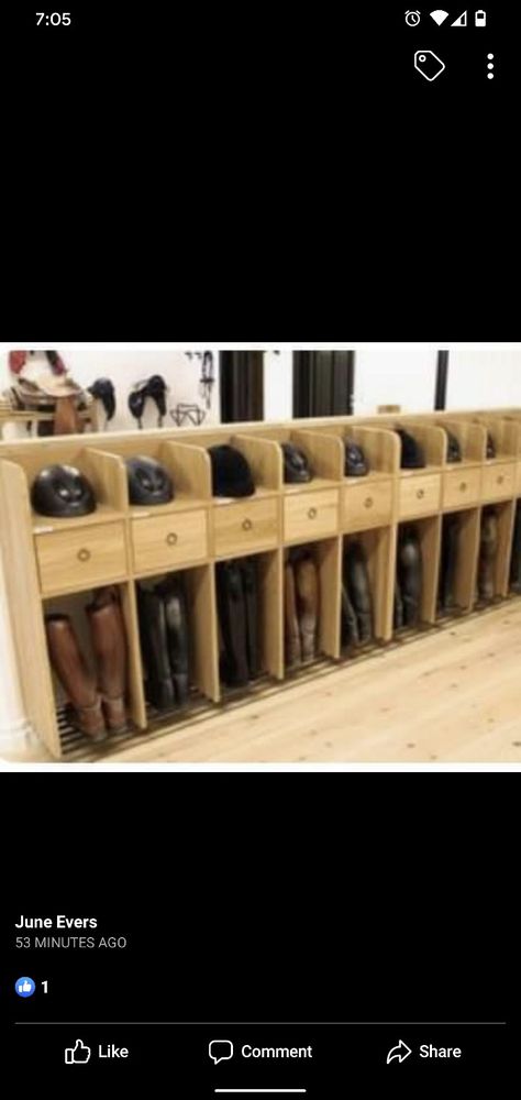 Organize your tack room with school cubbies! Tack Room Boot Storage, Tack Room Cubbies, Horse Equipment Storage, Stable Organization Ideas, Barn Tack Room Ideas, Tack Room Lockers, Feed Room Organization, Tack Room Ideas Barn, Horse Tack Room Ideas