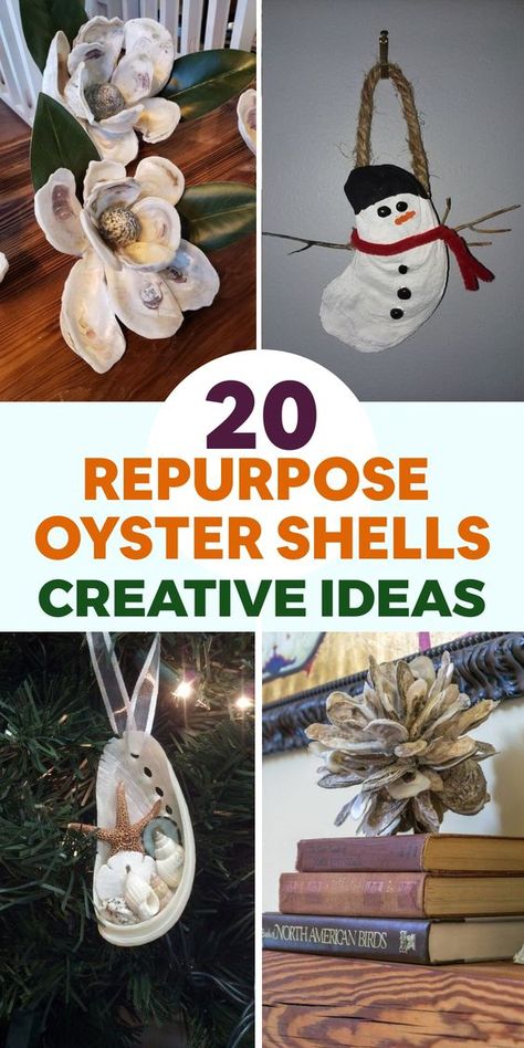 Discover the endless possibilities of repurposing oyster shells with these innovative ideas! Upcycle them into exquisite jewelry pieces by carefully cleaning and polishing the shells, then incorporating them into earrings or necklaces. Embrace a coastal vibe in your space by crafting a one-of-a-kind wreath using oyster shells, adding a hint of seaside allure to your decor. Alternatively, grind the shells and blend them with soil to produce an organic, nutrient-packed fertilizer for your garden. Oyster Shell Projects, How To Clean Oyster Shells, Things To Make With Shells Seashells, What To Do With Oyster Shells, Sea Shell Projects, She’ll Ornaments, Crafts With Oyster Shells, Shell Wreath Diy Seashells, She’ll Crafts