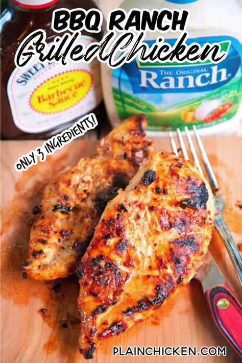 BBQ Ranch Grilled Chicken - only 3 ingredients (including the chicken) - super simple marinade that packs a ton of great flavor! Quick, easy, and delicious - my three favorite things! We make this at least once a week. It is crazy good. Use a sugar-free BBQ sauce for a low-carb/keto-friendly dish! #grilled #chicken #bbq Grilled Chicken Recipes Easy Healthy, Grilled Chicken And Vegetables, Grill Dinners, Best Grilled Chicken Recipes, Memorial Day Celebration, Grilled Chicken Breast Recipes, Best Grilled Chicken, Simple Marinade, Marinated Chicken Recipes