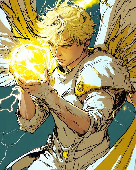 Unleashing yellow lightning power ⚡️ manga warrior with wings and white attire 🌪️ #manga #warrior #blondehair #yellowlightning #wings #whiteclothes #earth #powers #anime #action #fantasy #martialarts #aiart Anime Lightning Powers, Lightning Oc, Angel Powers, Lightning Reference, Warrior With Wings, Lightning Warrior, Manga Warrior, Magic Lightning, Lightning Magic