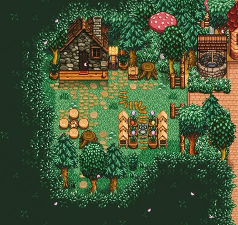 Stardew Valley House Inspiration, Woodland Farm Stardew, Stardew Valley House Exterior, Stardew Forest Farm Layout, Stardew Valley Decor, Forest Farm Stardew Valley, Stardew Valley Forest Farm Layout, Stardew Forest Farm, The Forest Game