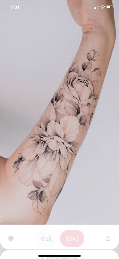 White Flower Tattoo Shoulder, Black And White Flower Shoulder Tattoo, Women’s Black And White Sleeve Tattoo, Dark Floral Shoulder Tattoo, Vintage Floral Shoulder Tattoos, Shoulder Tattoo, White Ink, Ink Art, I Tattoo