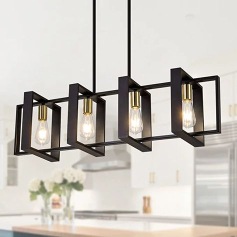 Island Lighting Black, Black Dining Room Light Fixture, Rectangle Light Fixture, Kitchen Island Lighting Black, Farmhouse Kitchen Island Lighting, Wooden Island, Chandeliers For Dining Room, Dining Room Light Fixture, Kitchen Lights