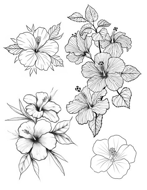 Hibiscus Traditional Tattoo, Thespesia Grandiflora Tattoo, Hibiscus Line Art, Hibiscus Tattoo Design, Hawaii Flower Tattoos, Hawaiian Flower Drawing, Hibiscus Flower Drawing, Flower Tattoo Stencils, Hibiscus Flower Tattoos