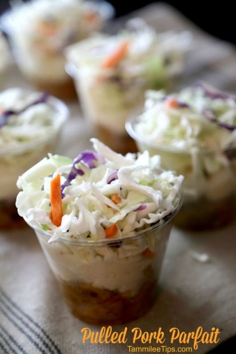 Bbq Parfait Pulled Pork, Pulled Pork Wedding Buffet, Walking Recipes, Pulled Pork Parfait, Rv Snacks, Bbq Truck, Pork Picnic, Food Truck Party, Bbq Foods