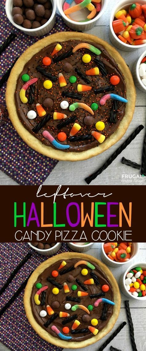 Candy Pizza Cookie Reusing Leftover Halloween Candy on Frugal Coupon Living – It’s a sweet tooth’s holiday wish come true! Fall dessert idea. Candy Pizza, Halloween Eats, Pizza Cookie, Halloween Treats To Make, Halloween Deserts, Halloween Pizza, Halloween Food Dinner, Diy Crafts Ideas, Leftover Halloween Candy