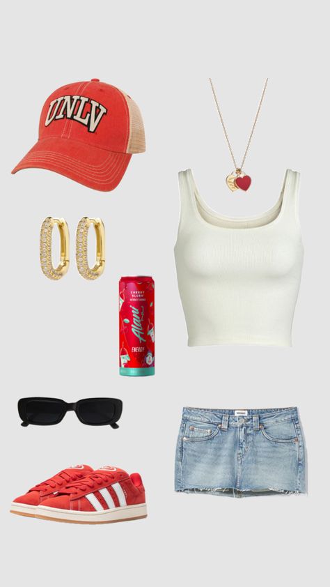 unlv game day outfit #unlv #gameday #alaninu Aesthetic Game, Comfy Summer Outfits, Chiefs Game, Y2k Summer Outfits, College Game Days, Game Day Outfit, Y2k Summer, Casual Game, Cute Outfits For School