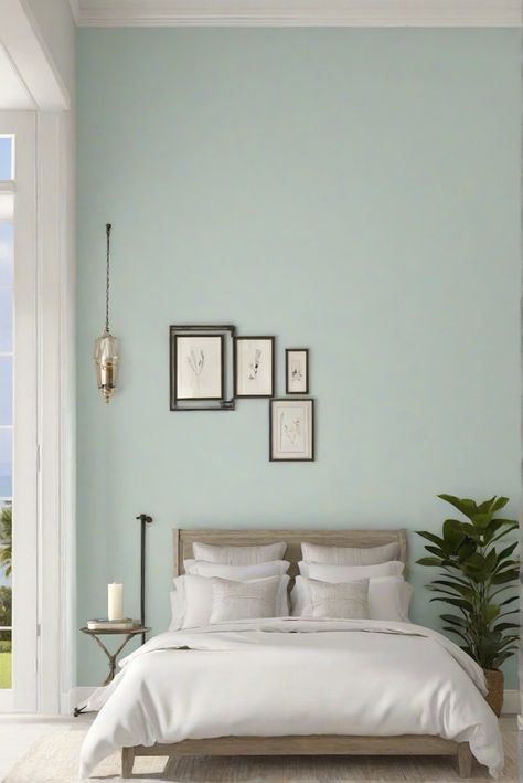 SEASALT wall paint, bedroom design, interior decorating, painting color match, space planning, interior designers, kitchen designs, living room decor Sea Salt Wall Paint Color, Seasalt Sw Bedroom, Sea Salt Bedroom Ideas, Sea Green Bedroom, Sea Green Bedrooms, Painting Ideas For Bedrooms, Coastal Guest Room, Sage Green Kitchen, Bedroom Interior Design Ideas