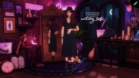 ~witchy lofi CAS background room~ (with mirror!) | Patreon Room With Mirror, Sims 4 Cas Background, Cas Background, Background Room, Goth Bedroom, Sims Stories, Free Sims, Purple Interior, Best Sims