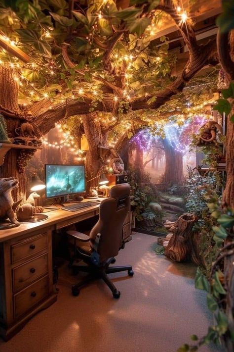 Fairy Theme Living Room, Enchanted Forest Furniture, Cozy Woodland Creatures, Fantasy Themed Decor, Woodland Fairy Room Decor, Enchanted House Decor, Enchanted Forest Interior Design, Fantasy Forest Decor, Forest Room Ideas Bedroom