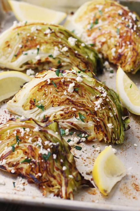 Toaster oven roasted cabbage wedges with feta and lemon. #cabbage #toasterovenrecipes #convection #toasterovenlove #vegetables Aip Veggies, Breville Oven, Cabbage Wedges, Cabbage Dishes, Nutritarian Recipes, Roasted Cabbage Wedges, Picture Food, Wedges Recipe, Easy Meals For Two