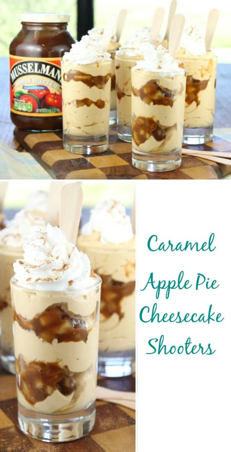 Caramel Apple Cheesecake Shooters Recipe found at Miss in the Kitchen #AppleButterSpin Apple Cheesecake Shooters, Desserts Trifle, Cake Shooters, Lemon Lush Dessert, Dessert Shooters Recipes, Fancy Baking, Cheesecake Shooters, Cheesecake Caramel, Apple Pie Cheesecake