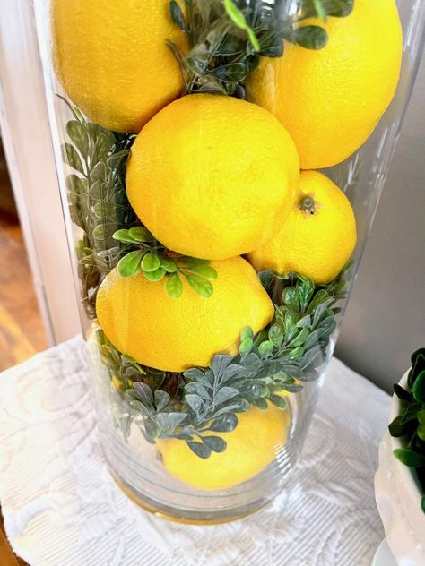 Thrifted Lemon Apothecary Jar - Creating Through Chaos Lemon Vase Centerpiece, Clear Vase Decor, Lemon Table Decor, Lemon Vase, Lemon Centerpieces, Fake Lemons, Jar Fillers, Fruit Centerpieces, Lemon Kitchen Decor