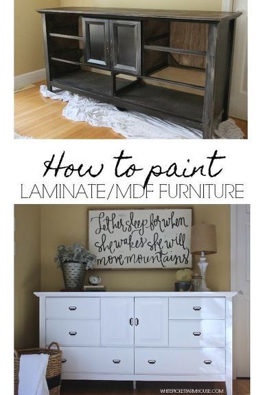 Simple Tutorial on how to give your MDF or Furniture Pieces a flawless finish.   Hello and happy almost Halloween.In our home we do not celebrate Halloween. But we do allow the kids to go around the block and grab some candy + normally we have a few family members over and play games or watch a movie. Easy, simple and then the next day we are normally planning our Christmas decorations.Over the last week I was lucky to be given this dresser from my aunt. It had really pretty bones, but… How To Paint Laminate, Wood Dressers, Diy Furniture Makeover, Painting Laminate Furniture, Mdf Furniture, Painting Laminate, Laminate Furniture, Laminated Mdf, Furniture Wood