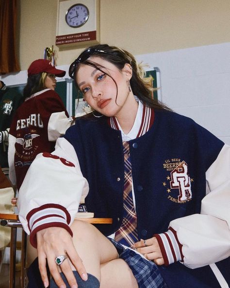 korean girl in uniform Student Photoshoot, Letterman Jacket Outfit, Black Letterman Jacket, School Merch, Varsity Design, Senior Jackets, Blue College, Couple Jacket, Style Couple