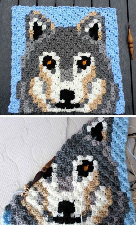 Grey Wolf C2C Square - Free Crochet Pattern Wolf Blanket Crochet Pattern, Aphgan Patterns, Wolf Blanket, Crochet Wolf, Easy Baby Knitting Patterns, Crochet Pattern Tutorial, Crochet Graphs, Crocheted Flowers, C2c Crochet