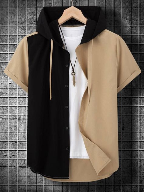 Men 1pc Colorblock Drawstring Hooded Shirt | SHEIN USA Kemeja Lelaki, Hype Clothing, Trendy Shirt Designs, Stylish Hoodies, Mens Casual Dress Outfits, Guys Clothing Styles, Short Sleeve Hoodie, Men Shirts, Cool Outfits For Men