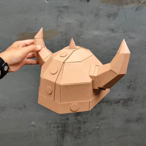 Cardboard viking helmet craft template is ready. ps. Check my bio! Helmet With Horns, Viking Helmet, Pizza Box, Corrugated Cardboard, Diy Printable, Origami, Indonesia, Pattern