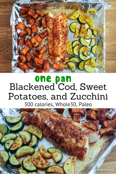 One Pan Blackened Cod, Sweet Potatoes, and Zucchini - Slender Kitchen Sweet Potatoes And Zucchini, Blackened Cod, Potatoes And Zucchini, Slender Kitchen, Dietrich Bonhoeffer, Cod Recipes, Sheet Pan Meals, Recipe 30, Paleo Dinner