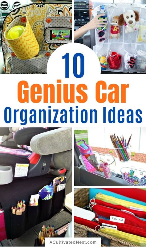 Organizing Trunk Of Car, Diy Car Storage Organizing Ideas, Living Out Of Your Car Organization, Car Snack Storage, Car Living Storage, Purse Storage Car, Car Toys Organization Ideas, Mini Van Storage Ideas, Back Of Car Organization